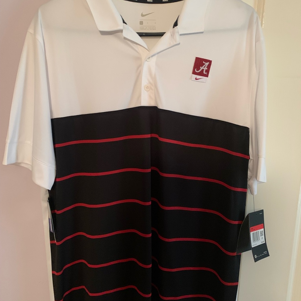 Nike Men's White and Black Polo with Red Stripes